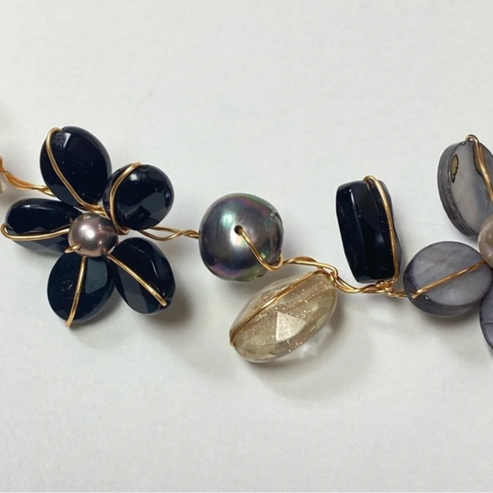 Abra Couture Handmade Natural Shell Beiges Gem Flower Collar GW Artisan Necklace